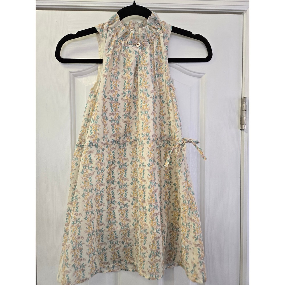 Sloomoo Girls 6T Floral Ruffle‎ Neck Sleeveless Cotton Dress Cream Boho Side Tie